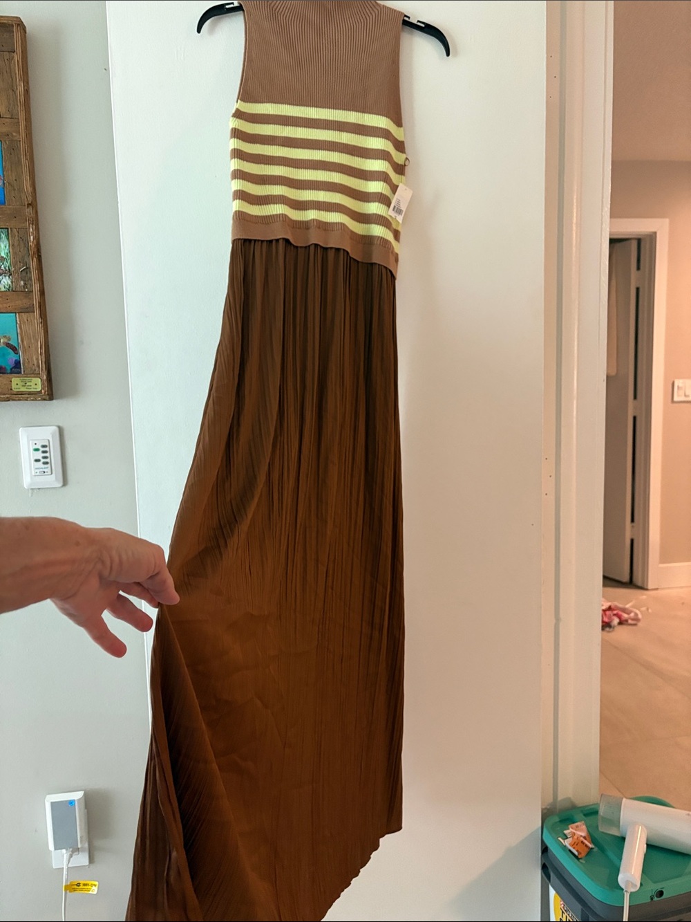Anthropologie Thea Twofer, sleevles Brown Maxi Dress with Yellow Striped Bodice
